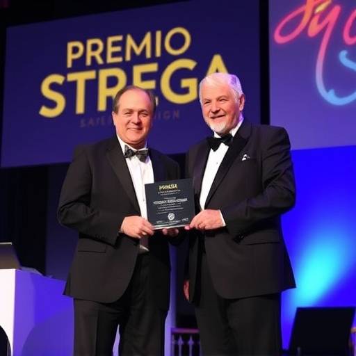 La cerimonia di premiazione del Premio Strega con il vincitore che stringe il premio.