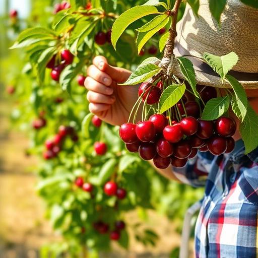 Un coltivatore che raccoglie ciliegie a Vignola
